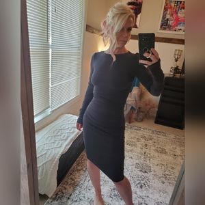 Sexy long sleeved Nicole Miller rouched figure hugging dress in Charcoal Gray